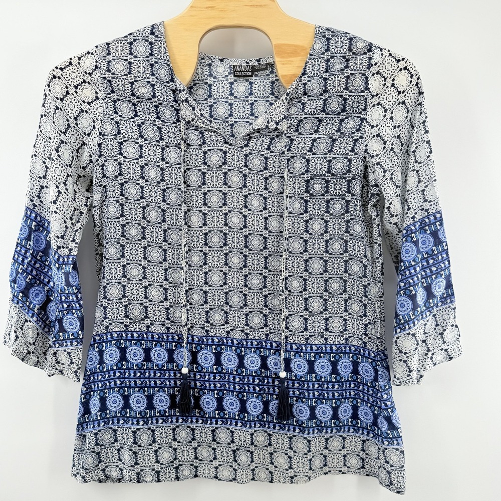 Anandas Collection‎ Blouse Womens Medium Blue White Boho 3/4 Sleeve Rayon Top